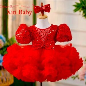 Glitter Red Flower Girl Dress Ruffles Short Sleeves Scoop Neck Cute  Girl Tutu